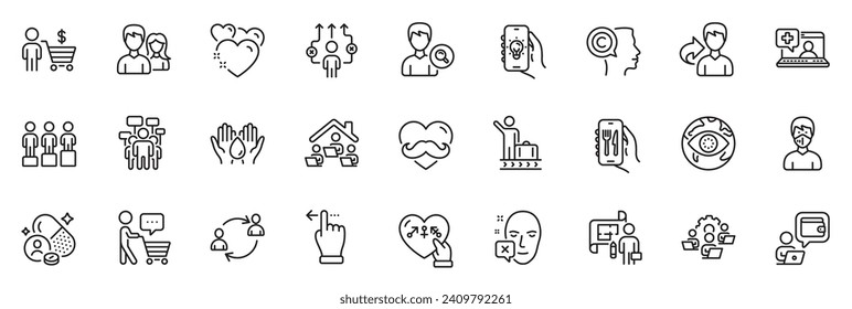 Icons pack as Equity, Genders and Voting campaign line icons for app include Search people, Couple, Cyber attack outline thin icon web set. Heart, Father day, User communication pictogram. Vector