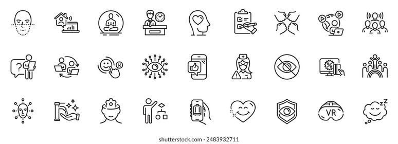 Icons pack as Eye detect, Vr and Search employee line icons for app include Washing hands, Mental health, Artificial intelligence outline thin icon web set. Not looking, Squad. Vector