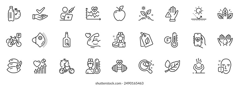 Icons pack as Face attention, Thermometer and Bike timer line icons for app include Dont touch, Medical mask, Vision test outline thin icon web set. Leaf dew, Grow plant. Vector