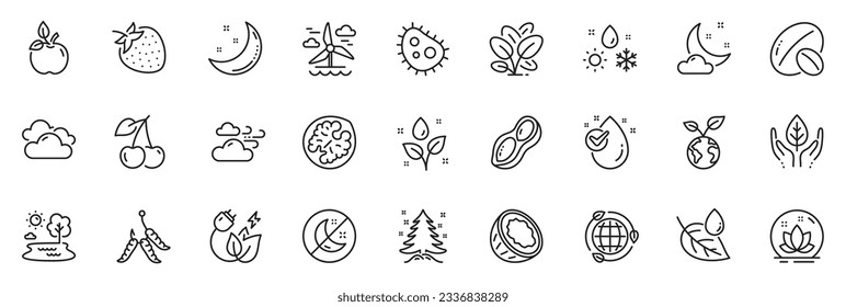 Icons pack as Fair trade, Soy nut and Bacteria line icons for app include Water drop, Eco food, Moon stars outline thin icon web set. Cherry, Windy weather, Eco energy pictogram. Lake. Vector