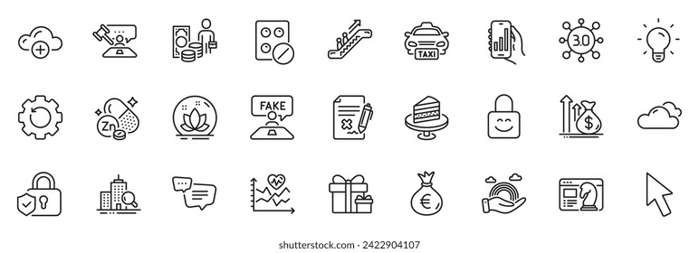 Icons pack as Fake review, Judge hammer and Cake line icons for app include Recovery gear, Inspect, Seo strategy outline thin icon web set. Medical tablet, Cardio training, Taxi pictogram. Vector