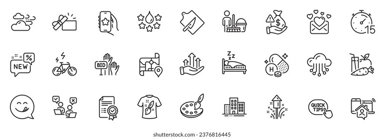 Icons pack as Favorite app, Timer and Cleaning line icons for app include Cutting board, Love mail, Palette outline thin icon web set. Buildings, Sleep, Work home pictogram. Certificate. Vector