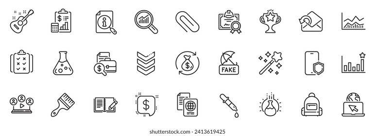 Icons Pack als Feedback, Chemie-Labor und Brush-Linie Symbole für App enthalten Telefon-Schutz, Chemie-Pipette, Bericht umrissen dünnen Icon Web-Set. Gitarre, Suche, Geldwechsel-Piktogramm. Vektorgrafik