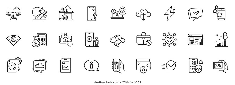 Icons pack as Finance calculator, Cloud share and Augmented reality line icons for app include Auction hammer, Web report, Checkbox outline thin icon web set. Best app, 5g internet. Vector