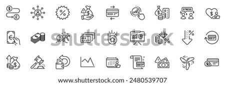 Icons pack as Finance, Difficult stress and Card line icons for app include Low percent, Volunteer, Accounting outline thin icon web set. Bitcoin mining, Presentation, Money transfer pictogram. Vector