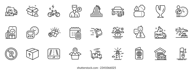 Icons pack as Flag, Garage and Delivery man line icons for app include Fragile package, Tickets, Warning outline thin icon web set. Valet servant, Fake news, Roller coaster pictogram. Vector