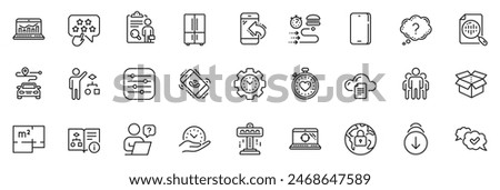 Icons pack as Floor plan, Inspect and Online question line icons for app include Approved, Analytics chart, Lock outline thin icon web set. Web analytics, Question mark. Vector