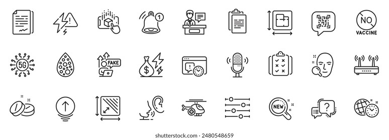 Icons pack as Floor plan, Lightning bolt and Reminder line icons for app include Microphone, Medical tablet, Question mark outline thin icon web set. Medical helicopter. Vector