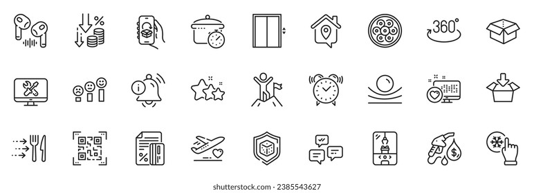Icons pack as Food delivery, Credit card and Qr code line icons for app include Chat messages, Stars, Information bell outline thin icon web set. Delivery app, Heart, Open box pictogram. Vector