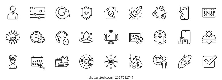 Icons pack as Food delivery, Online storage and Reload line icons for app include Filter, Corn, Teamwork outline thin icon web set. Smartphone clean, Deflation, Game console pictogram. Vector