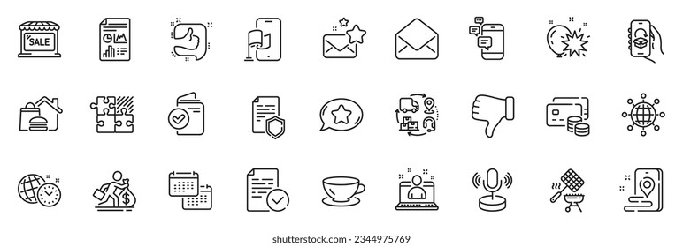 Icons pack as Food delivery, Place and Compliance line icons for app include Communication, Supply chain, Puzzle game outline thin icon web set. Dislike hand, International globe. Vector