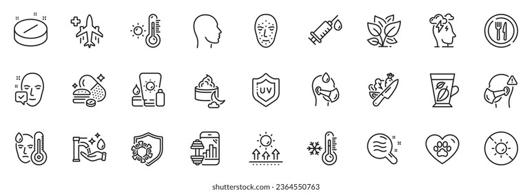 Icons pack as Food, Medical flight and Low thermometer line icons for app include Vegetable, Medical mask, Night cream outline thin icon web set. Face accepted, Stress. Food outline sign. Vector