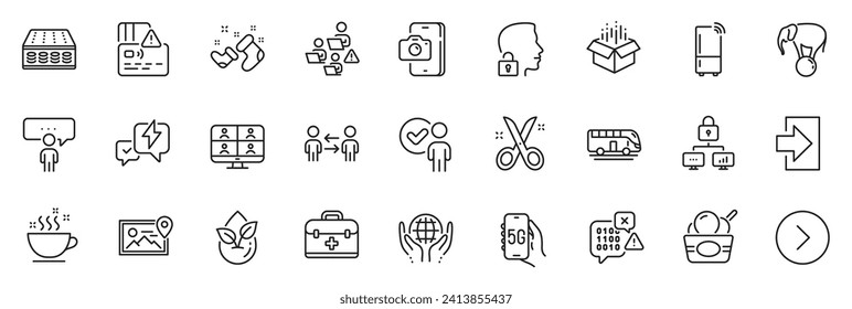 Icons pack as Forward, Unlock system and Teamwork line icons for app include Lock, Refrigerator, 5g internet outline thin icon web set. First aid, Santa boots, Lightning bolt pictogram. Vector