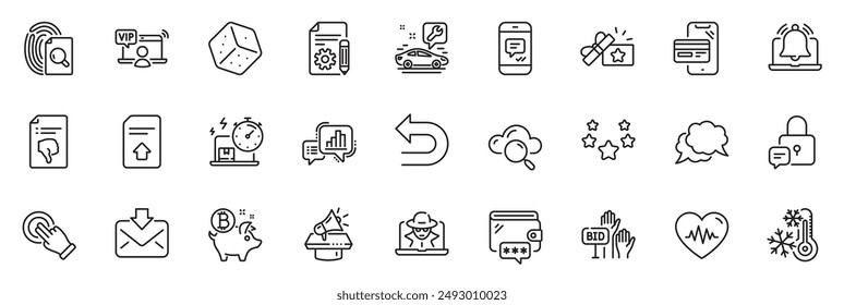 Icons pack as Freezing, Thumb down and Delivery online line icons for app include Bitcoin coin, Car service, Stars outline thin icon web set. Loyalty gift, Dice, Documentation pictogram. Vector