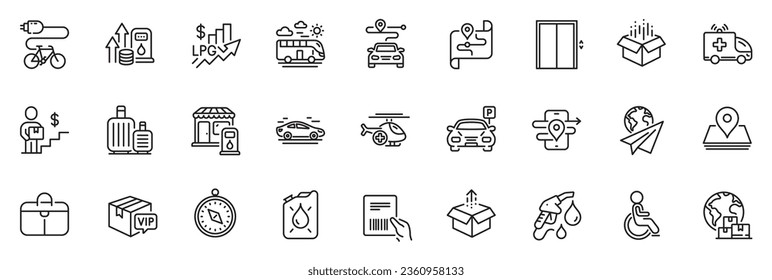 Los iconos se empaquetan como precio del combustible, brújula de viajes e iconos de la línea de bicicleta eléctrica para la aplicación incluyen el plano de papel, el operador de entrega, el contorno de la estación de relleno y el juego de iconos delgados. Pin, cuadro Enviar, pictograma de estacionamiento. Vector