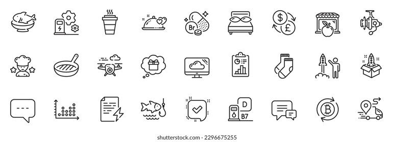 Icons pack as Gift dream, Launch project and Refresh bitcoin line icons for app include Power certificate, Confirmed, Report outline thin icon web set. Pillows, Cloud storage. Vector