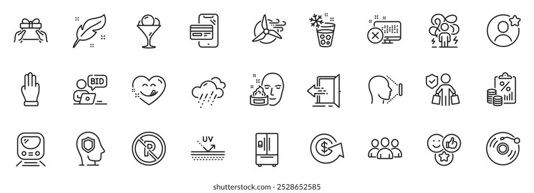 Icons pack as Give present, Metro and Face id line icons for app include Face cream, Difficult stress, Reject access outline thin icon web set. Yummy smile, Refrigerator, Best friend pictogram. Vector