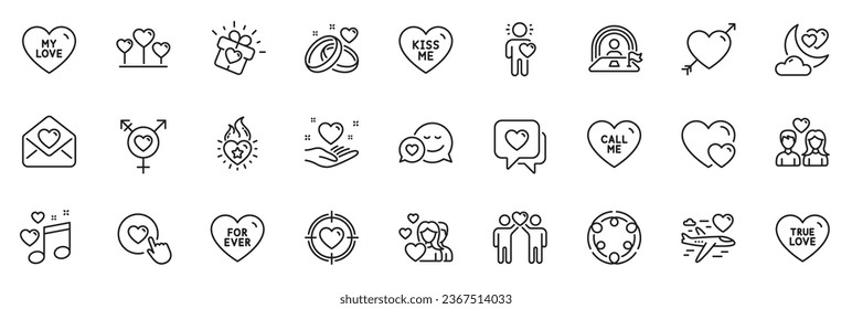 Icons pack as Hold heart, Inclusion and Heart line icons for app include Friends couple, Valentine target, True love outline thin icon web set. Friend, Love music, For ever pictogram. Vector
