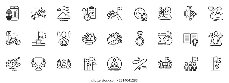 Icons pack as Hourglass timer, Strong arm and Fishing reel line icons for app include Yoga, Winner flag, Vegetables outline thin icon web set. Timer, Yoga music, Fishing place pictogram. Vector