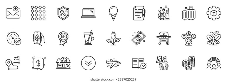Icons Pack wie Inclusion, Agreement document und Ice-Creme-Line-Icons für App beinhaltet Airplane, Fast Verification , Produktentwicklung Umrisse für Thin Icon Web Set. Genehmigte Dokumentation. Vektorgrafik