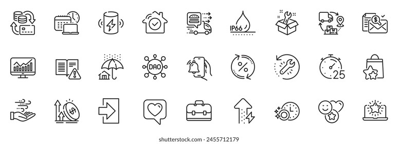 Icons pack as Instruction manual, Dao and Spanner line icons for app include Login, House security, Dishwasher timer outline thin icon web set. Best laptop, Home insurance, Portfolio pictogram. Vector svg