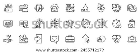 Icons pack as Instruction manual, Dao and Spanner line icons for app include Login, House security, Dishwasher timer outline thin icon web set. Best laptop, Home insurance, Portfolio pictogram. Vector