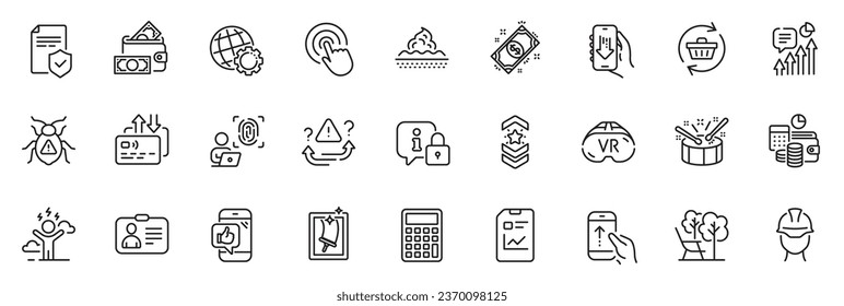 Icons pack as Kpi, Click and Mobile like line icons for app include Report document, Shoulder strap, Calculator outline thin icon web set. Deckchair, Foreman, Skin care pictogram. Vector