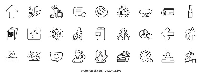 Icons pack as Leader run, Smile face and Puzzle line icons for app include Water bottle, Rise price, Like hand outline thin icon web set. 360 degrees, Update time, Salary pictogram. Vector