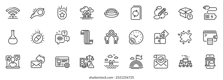 Icons pack as Loan percent, Voicemail and Dishes line icons for app include Confirmed mail, Swimming pool, Fraud outline thin icon web set. Web settings, Wifi, Building pictogram. Vector