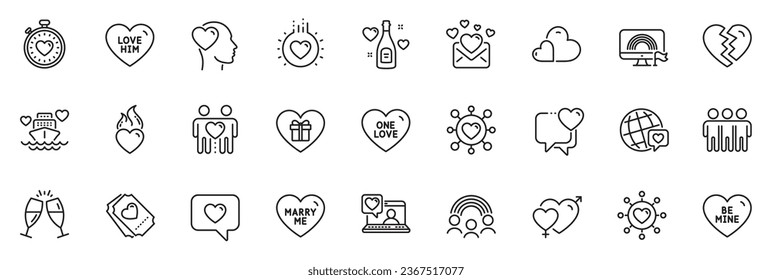 Icons pack as Male female, Dating and Friendship line icons for app include Be mine, Champagne glasses, Care outline thin icon web set. Honeymoon cruise, Love champagne, Lgbt pictogram. Vector