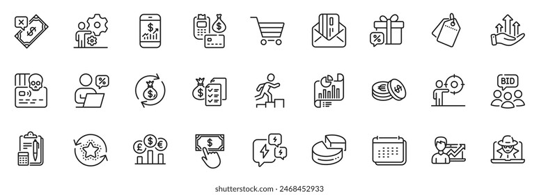 Icons pack as Market sale, Savings and Mobile finance line icons for app include Credit card, Payment click, Report document outline thin icon web set. Payment, Online discounts. Vector