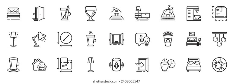 Icons pack as Mattress, Floor plan and Bed line icons for app include Entrance, Teacup, Table lamp outline thin icon web set. Furniture moving, Ceiling lamp, Terrace pictogram. Vector