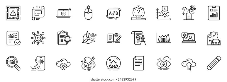 Icons pack as Medical help, Stress and Checked calculation line icons for app include Cloud computing, Chart, Maze attention outline thin icon web set. Windmill turbine, Lotus. Vector