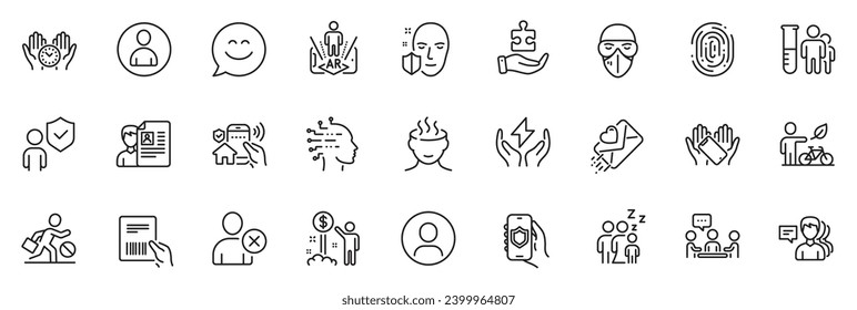 Icons pack as Medical mask, Safe time and Eco bike line icons for app include Medical analyzes, House security, Face protection outline thin icon web set. Love letter, Jobless. Vector