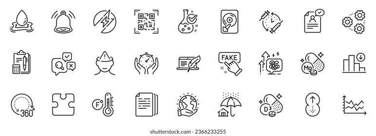 Icons pack as Mental health, Chemistry lab and Copyright laptop line icons for app include Magnesium mineral, Water splash, Timer outline thin icon web set. Qr code, Vaccination schedule. Vector