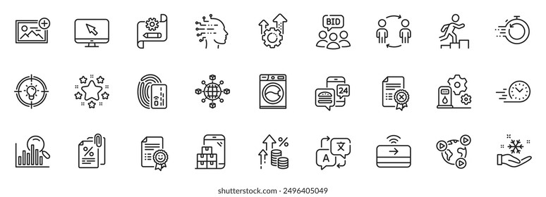 Icons Pack als Mobile Inventar, Cogwheel Blaupause und fügen Sie Foto-Linie Icons für App gehören Suche, Steuerdokumente, Inflation Umriss dünnen Symbol Web-Set. Künstliche Intelligenz, Auktion. Vektorgrafik