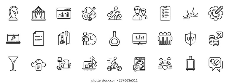 Icons pack as Money tax, Document and Medical drugs line icons for app include Washing machine, Attached info, Checklist outline thin icon web set. Delivery man, Cyclist, Couple pictogram. Vector