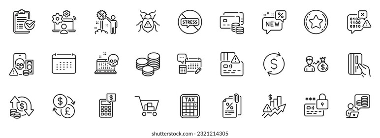 Icons pack as New, Binary code and Tax calculator line iconos para la aplicación incluyen el trabajo en línea, la tarjeta, el contorno de cuenta thin icon set. Dinero, precio de subida, pictograma estrella de la lealtad. Salario. Vector