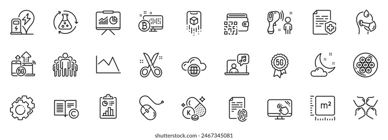 Icons pack as Night weather, Electronic thermometer and Line chart line icons for app include Computer mouse, Augmented reality, Chemistry experiment outline thin icon web set. Vitamin k. Vector