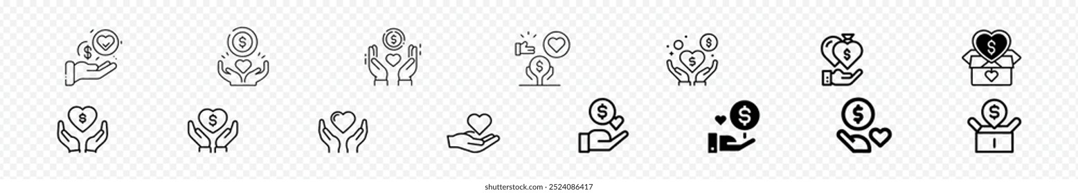 Icons Pack on Charity and Donations. Love, friendship, care and charity concept editable stroke outline icons set isolated on white background, Donation icons. Charity, finance, team