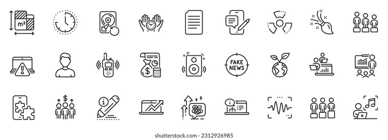 Icons pack como documentación en línea, Editar y Teléfono iconos de la línea de chat de la aplicación incluyen Save planet, Online Warning, Brush contorno thin icon set web de iconos. Reunión, Riesgo químico, pictograma del documento. Vector