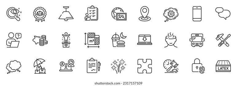 Icons pack as Online question, Piggy bank and Speech bubble line icons for app include Justice scales, Puzzle, Smartphone outline thin icon web set. Delivery insurance, Bus, Location pictogram. Vector