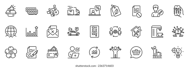 Icons pack as Online voting, Engineering team and Coffee vending line icons for app include Ram, Shopping cart, Megaphone outline thin icon web set. Voting ballot, Food delivery. Vector