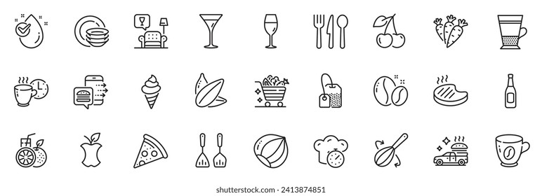 Icons pack as Organic waste, Cherry and Cooking whisk line icons for app include Tea bag, Sunflower seed, Wineglass outline thin icon web set. Coffee beans, Hazelnut, Water drop pictogram. Vector