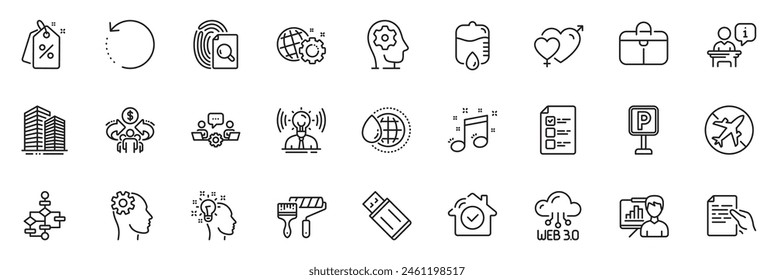 Icons pack as Parking, Teamwork and Voting ballot line icons for app include Web3, Seo gear, Discount tags outline thin icon web set. Hold document, Usb flash, World water pictogram. Vector