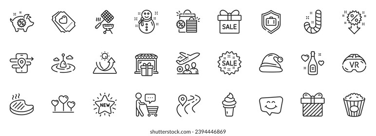 Icons pack as Passenger, Love ticket and Road line icons for app include Sun protection, Piggy sale, Smile chat outline thin icon web set. Snowman, Love champagne, Vr pictogram. Sale. Vector