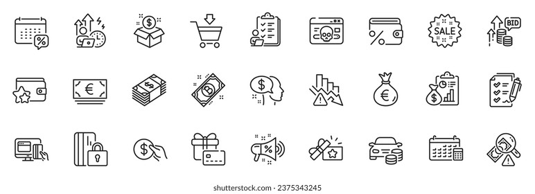 Icons pack as Payment, Online payment and Euro currency line icons for app include Report, Survey checklist, Buy car outline thin icon web set. Fraud, Calendar, Gift card pictogram. Vector