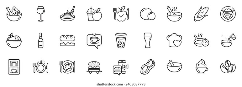 Icons pack as Peanut, Beer bottle and Beer glass line icons for app include Fruits, Cook, Food delivery outline thin icon web set. Vegetarian food, Pasta dish, Seafood pictogram. Peas. Vector