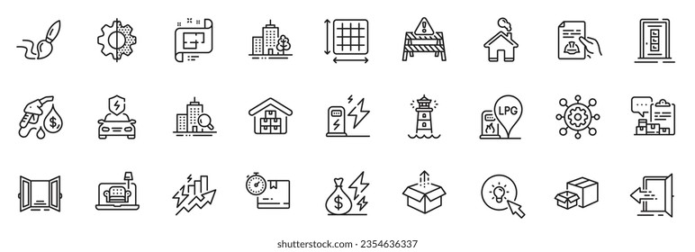 Icons pack as Petrol station, Send box and Home line icons for app include Lighthouse, Skyscraper buildings, Consumption growth outline thin icon web set. Inspect, Square area. Vector