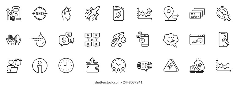 Icons pack as Plane, Safe time and Timer line icons for app include Browser window, Hydroelectricity, 5g wifi outline thin icon web set. Journey, Seo, Canister pictogram. Card. Vector